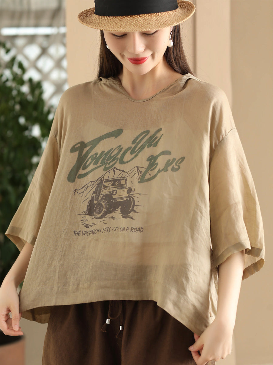 Women Summer Casual Print Thin Ramie HoodedShirt LL038 BUYKUD