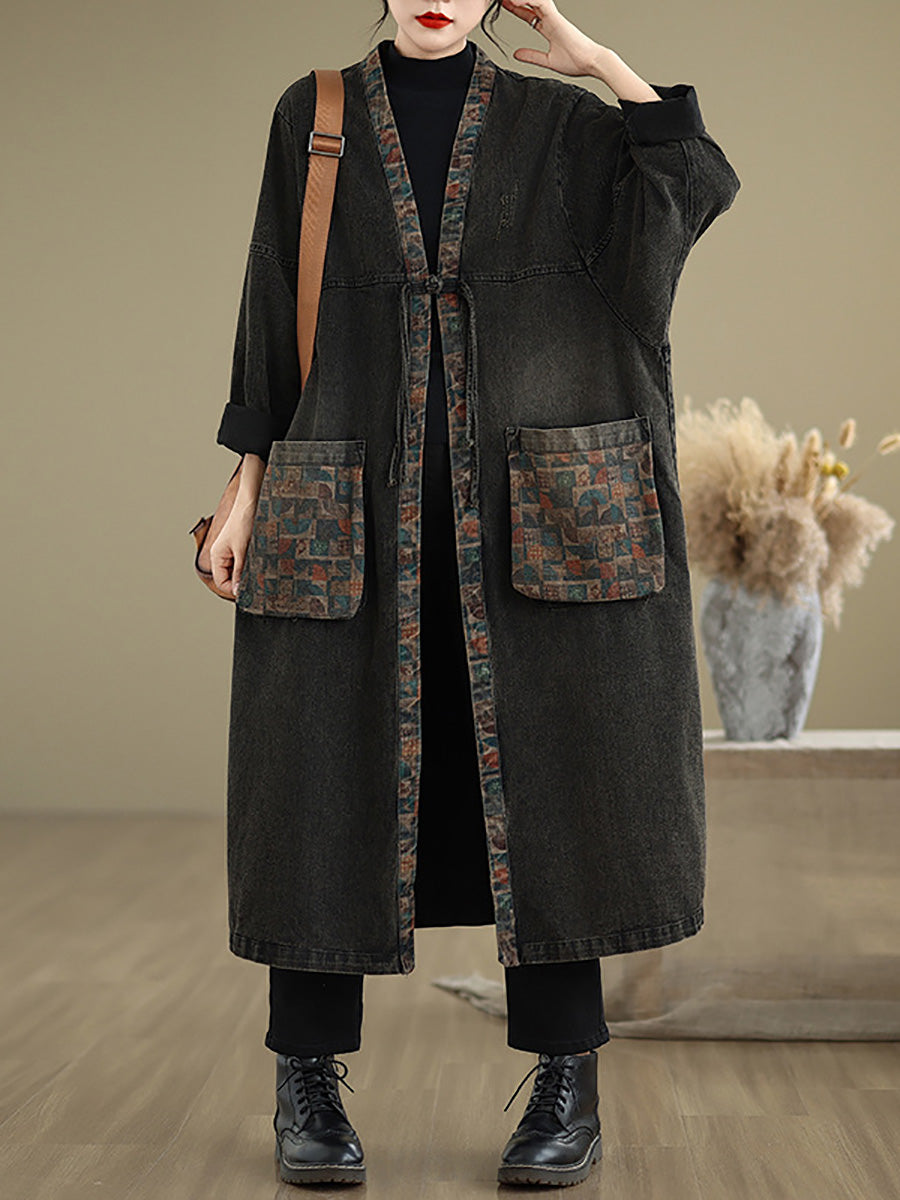 Women Autumn Worn Patch Colorblock Denim Coat AH1067 BK