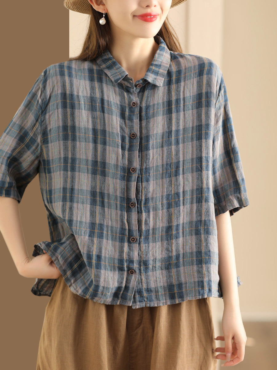 Women Artsy Plaid Summer Button-up Linen Shirt KL1012 Ada Fashion