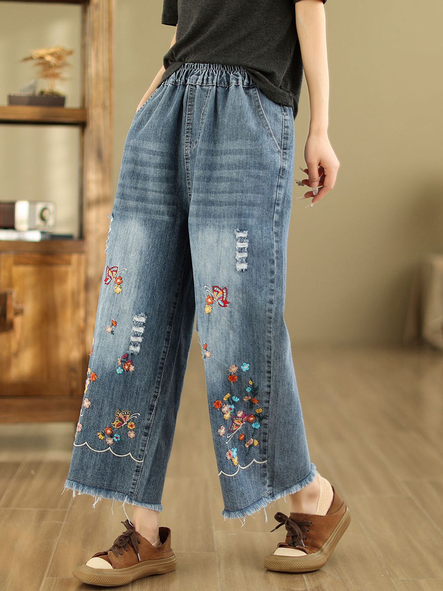 Women Summer Retro Embroidery Frayed Straight Denim Pants AS1042 Ada Fashion