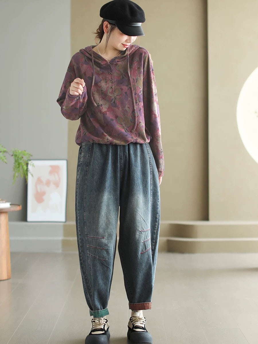 Women Autumn Artsy Spliced Denim Harem AH1038 BK