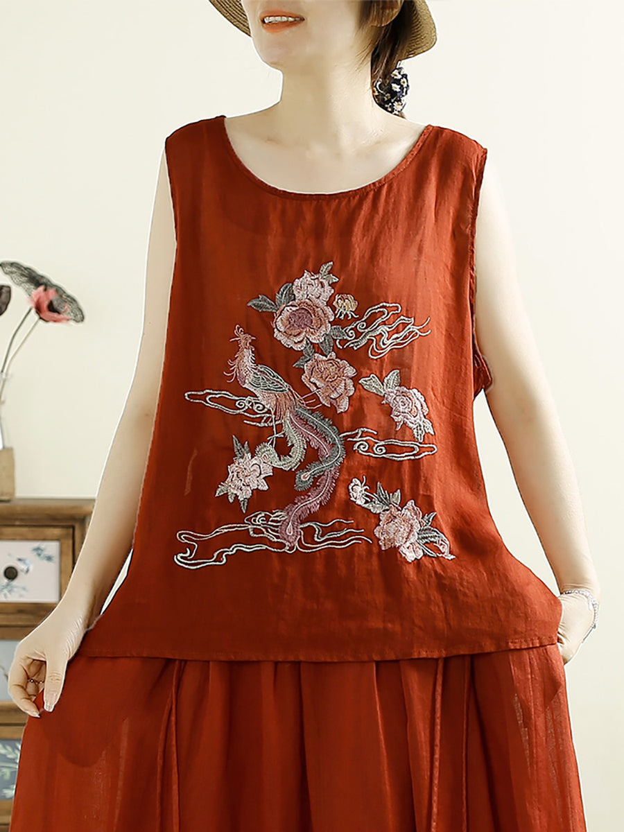 Women Vintage Flower Embroidery Ramie Summer Vest WE1022 Ada Fashion