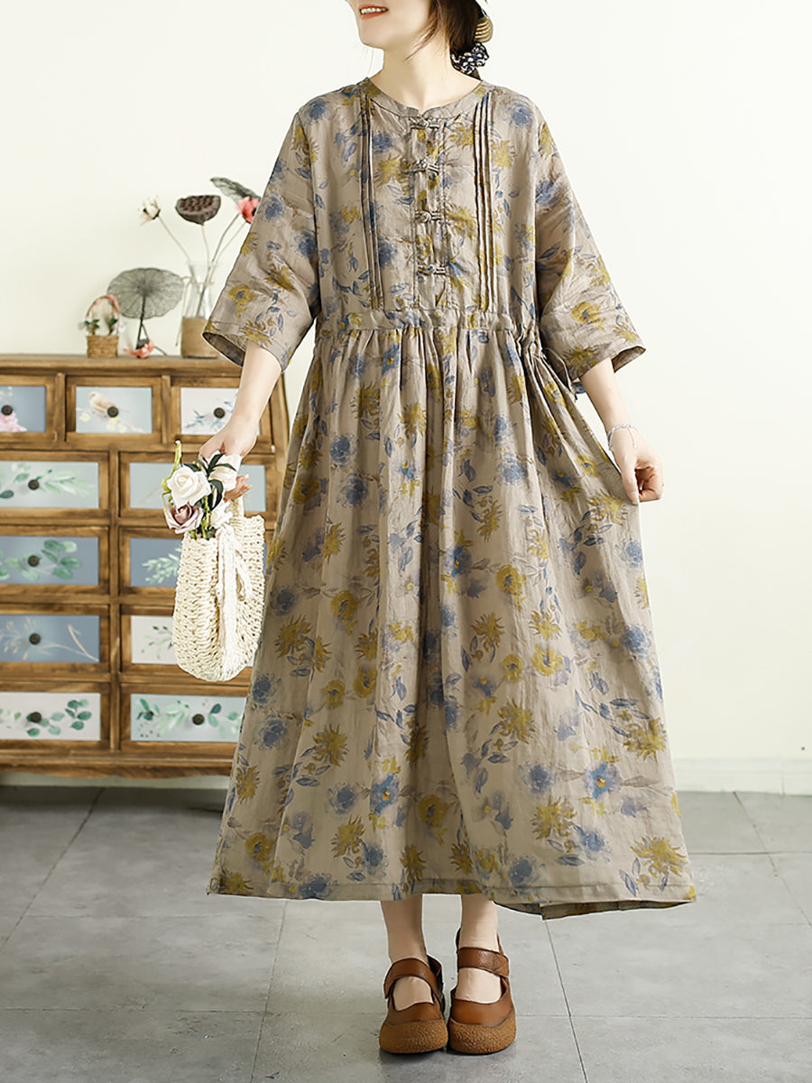 Women Summer Artsy Floral Shirred Ramie Dress QW1043 Ada Fashion