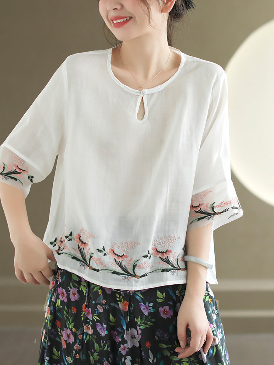 Women Summer Vintage Floral Embroidery Ramie Shirt AS1045 Ada Fashion