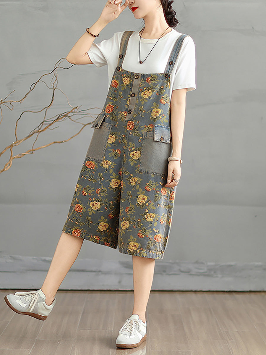 Denim Jumpsuits Short Artsy Women Flower Summer FashionChic