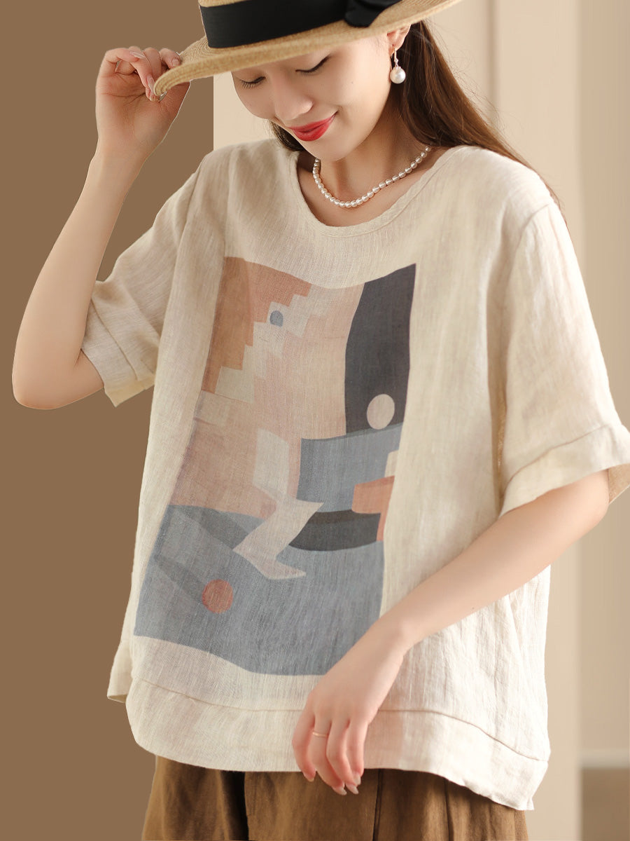 Women Casual Summer Print O-Neck Linen Shirt WE1028 Ada Fashion