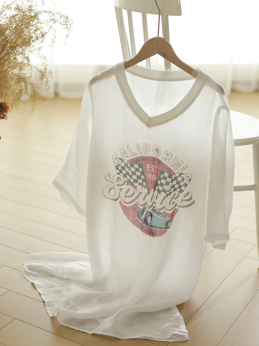 Women Summer Casual Print V-Neck Ramie Long Shirt LL022 LPP