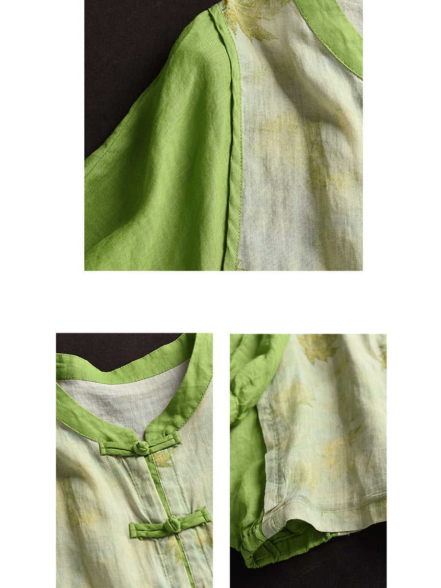 Women Summer Vintage Flower Spliced Button-up Ramie Shirt FD042 ZMMM