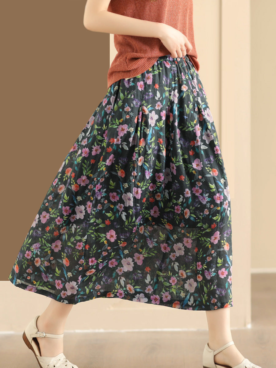 Women Artsy Summer Flower Ramie A-shape Skirt CO1025 Ada Fashion