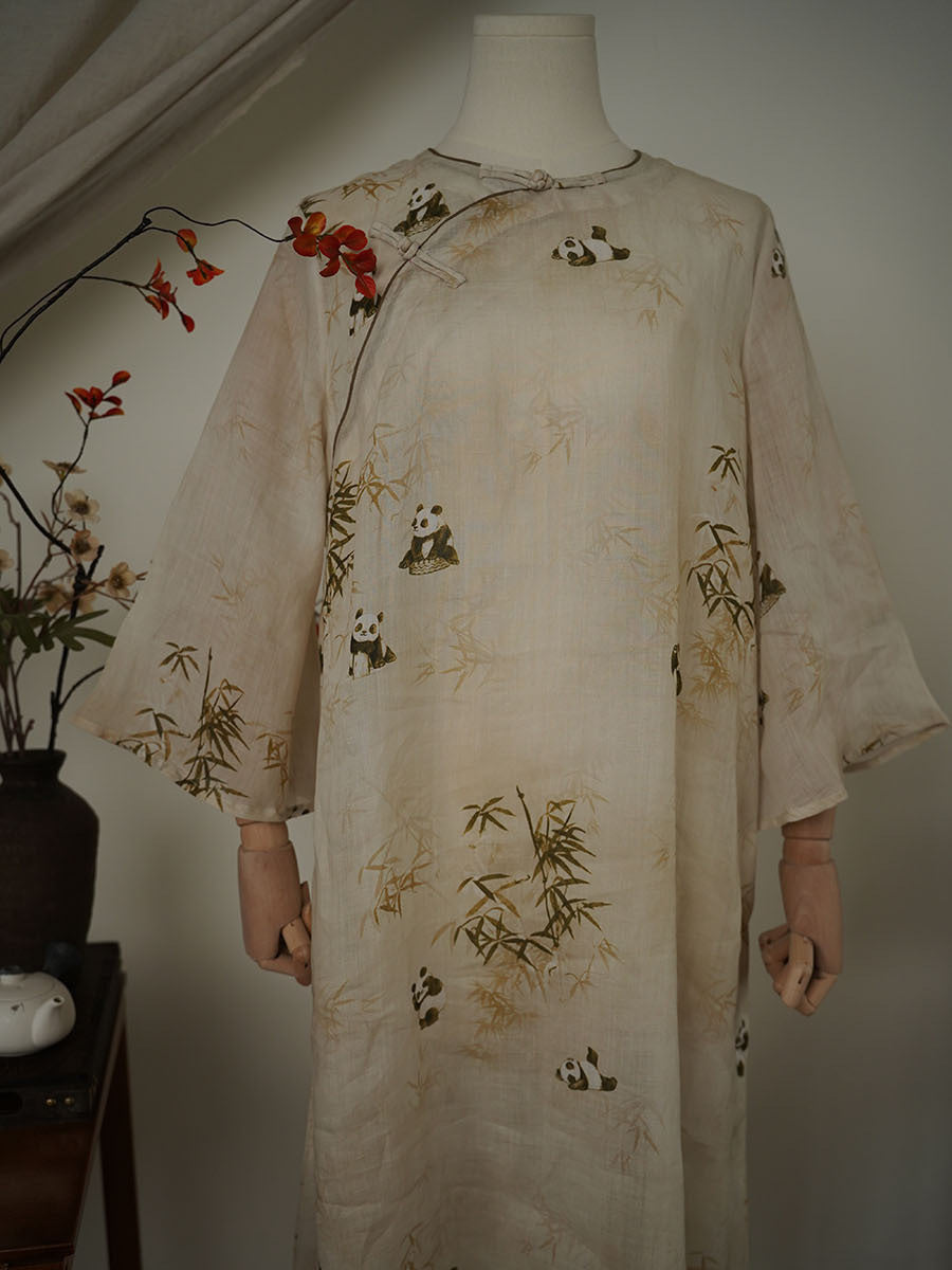 Women Ethnic Summer Bamboo Panda Print Linen Dress XX1055 Ada Fashion