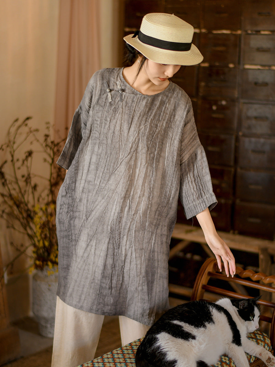 Women Summer Vintage Solid Loose Linen Short Dress II1008 BUYKUD