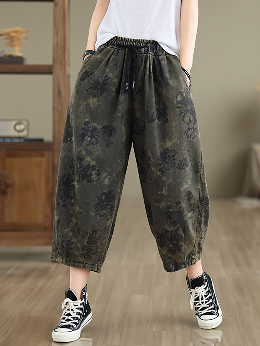 Women Summer Retro Flower Denim Loose Pants II1003 BUYKUD