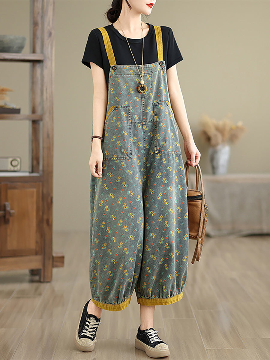 Women Casual Denim Jumpsuits Floral Wide-leg Summer FashionChic
