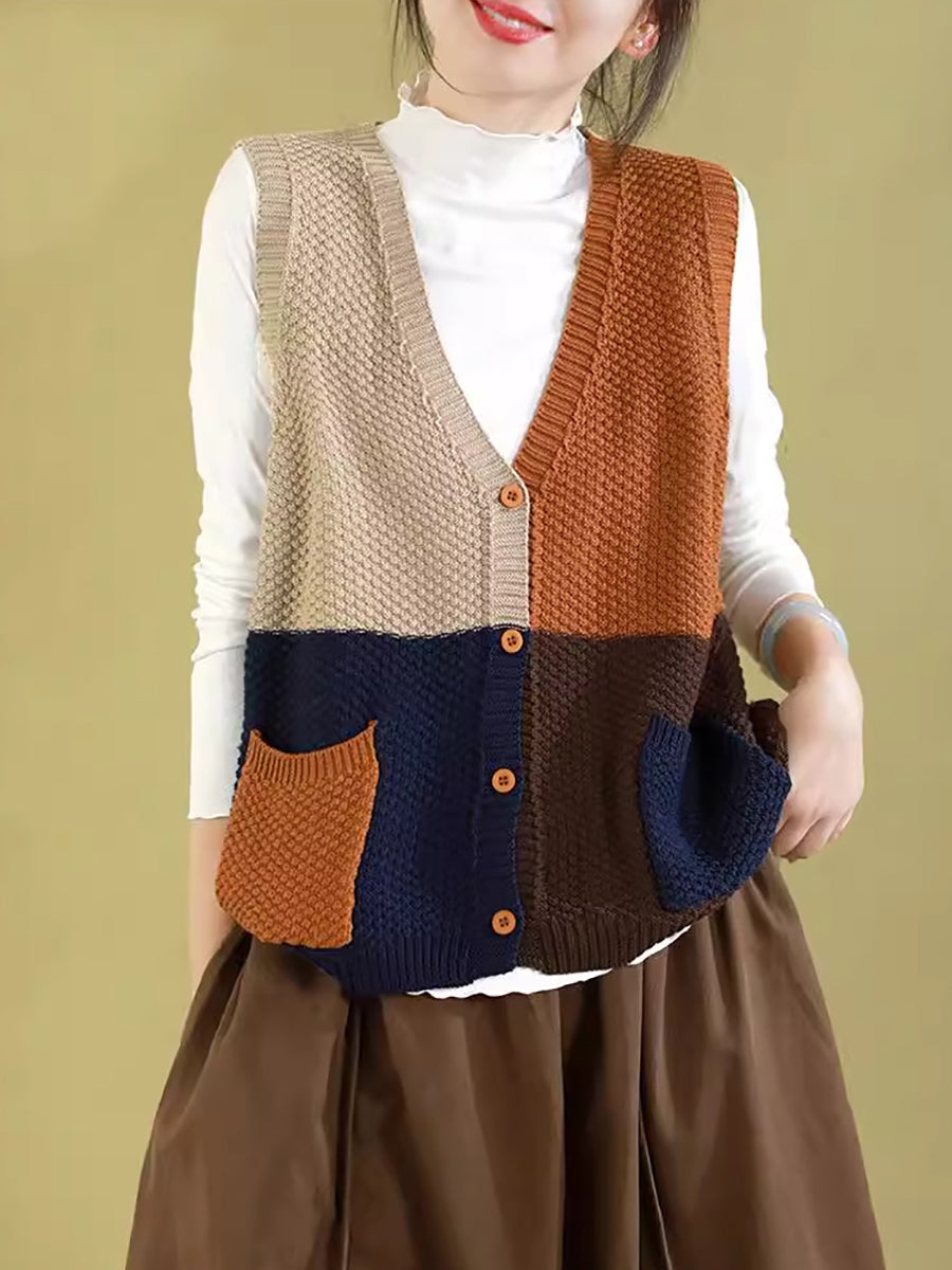 Women Autumn Colorblock Knitted V-Neck Vest CV1029 Ada Fashion