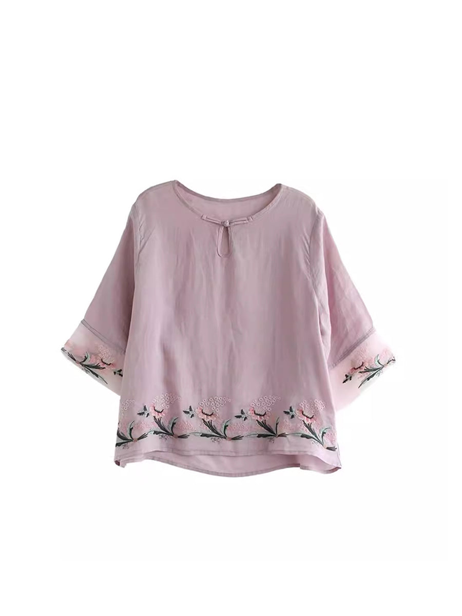 Women Summer Vintage Floral Embroidery Ramie Shirt AS1045 Ada Fashion