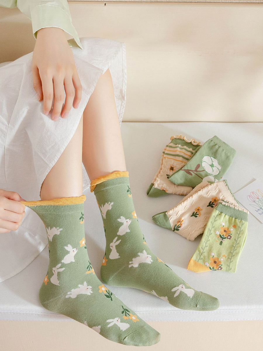 5 Pairs Women Artsy Flower Green Mid-Calf Socks IO1011 Ada Fashion