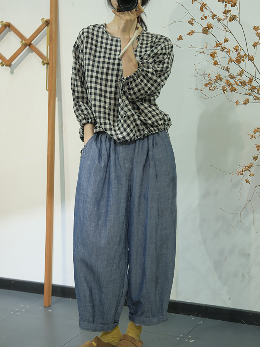 Women Summer Casual Plaid Linen Strap Shirt AS1064 Ada Fashion