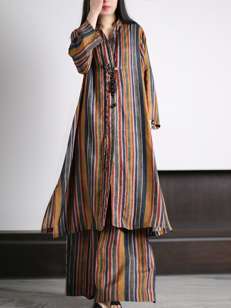 Plus Size Women Vintage Stripe Loose Long Shirt+Pants XX1029 Ada Fashion