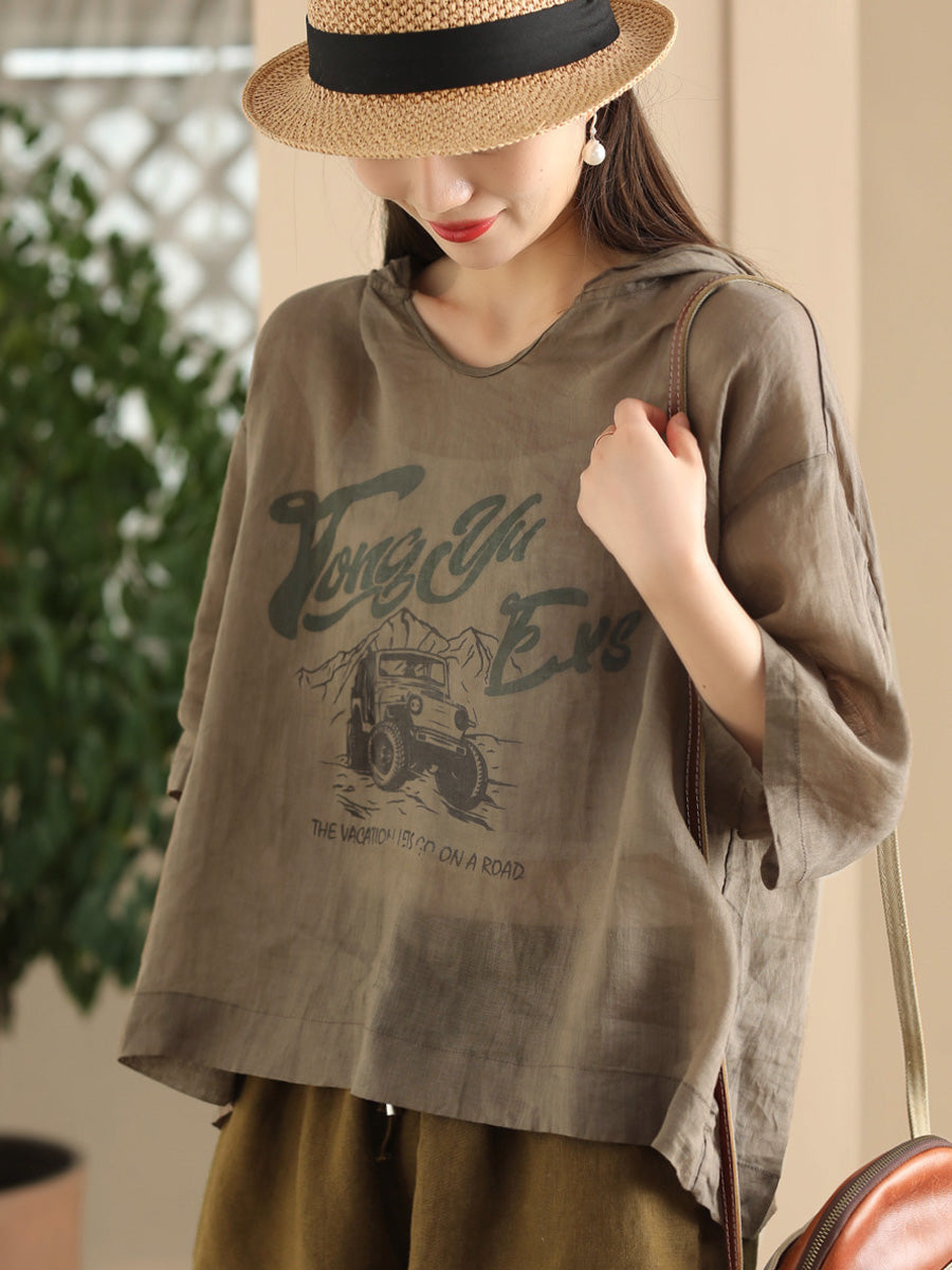 Women Summer Casual Print Thin Ramie HoodedShirt LL038 BUYKUD