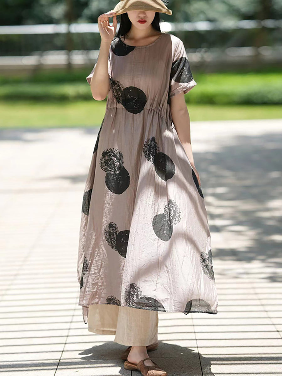 Plus Size Women Artsy Dot 100%Ramie Loose Dress SC1063 Ada Fashion