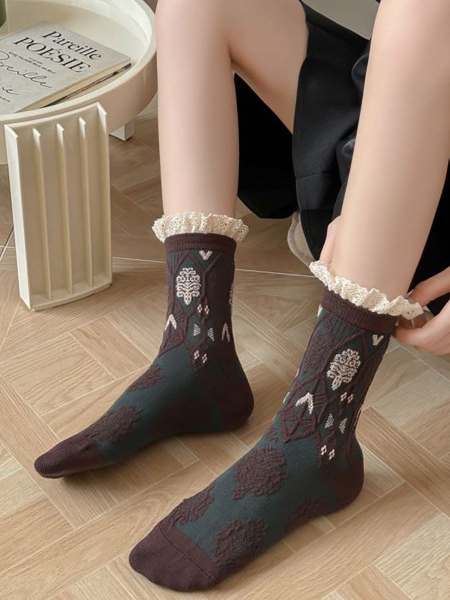 5 Pairs Women Autumn Artsy Flower JAcquard Cotton Socks QM009 BUYKUD