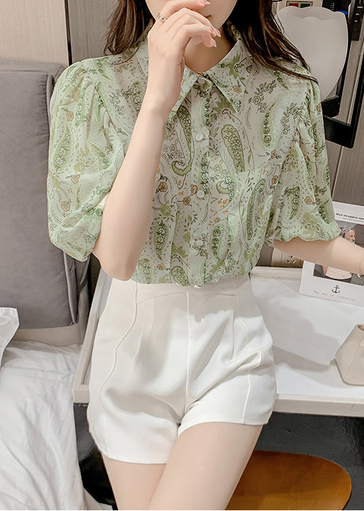 Pan Elegant Chiffon Shirt Peter Top Print Lantern Green Collar FashionChic