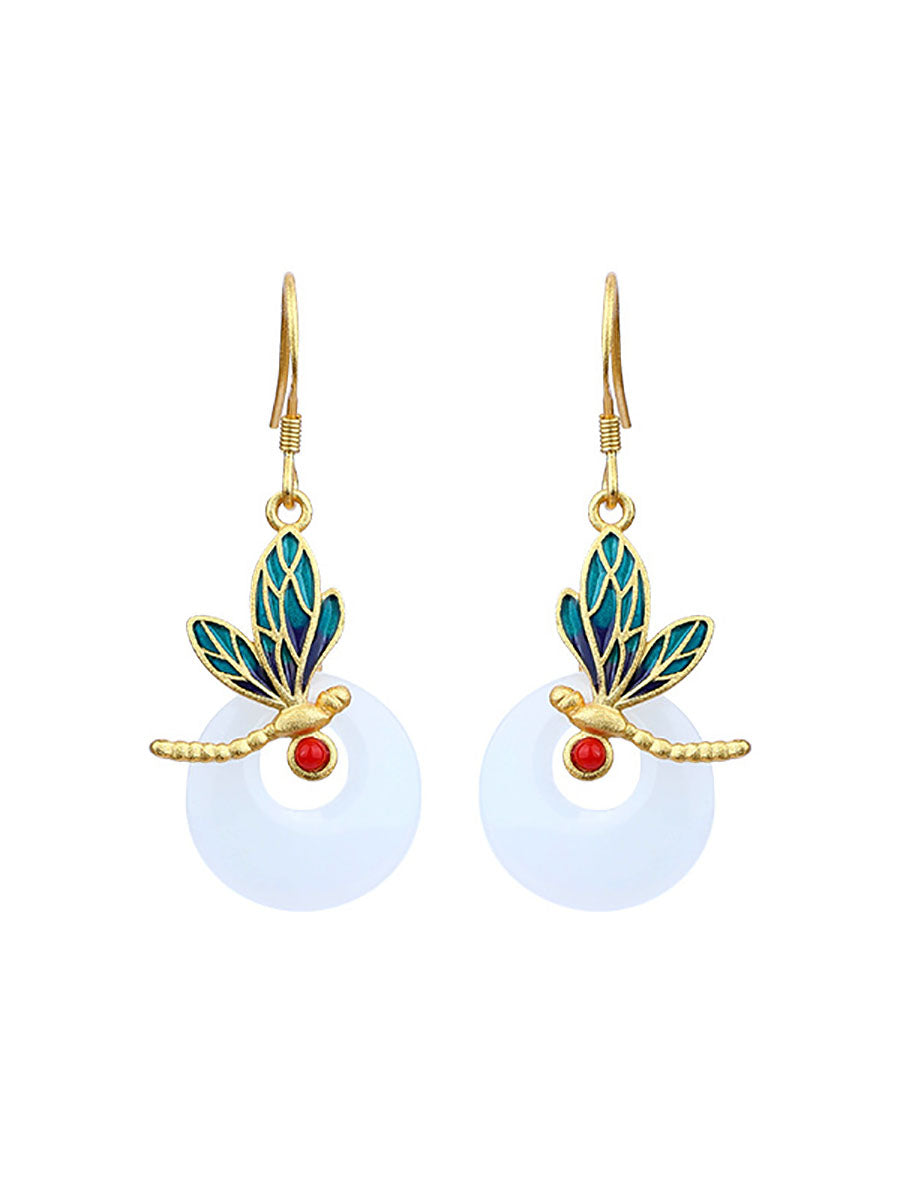 Women Vintage Dragonfly Enamel Round Jade Earrings BA1074 Genistyle Shop