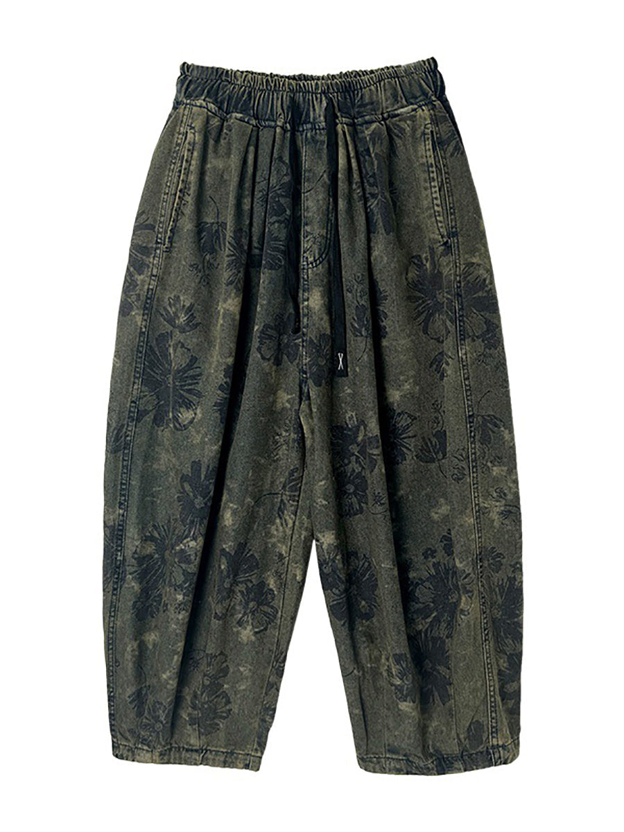 Women Summer Retro Flower Denim Loose Pants II1003 BUYKUD