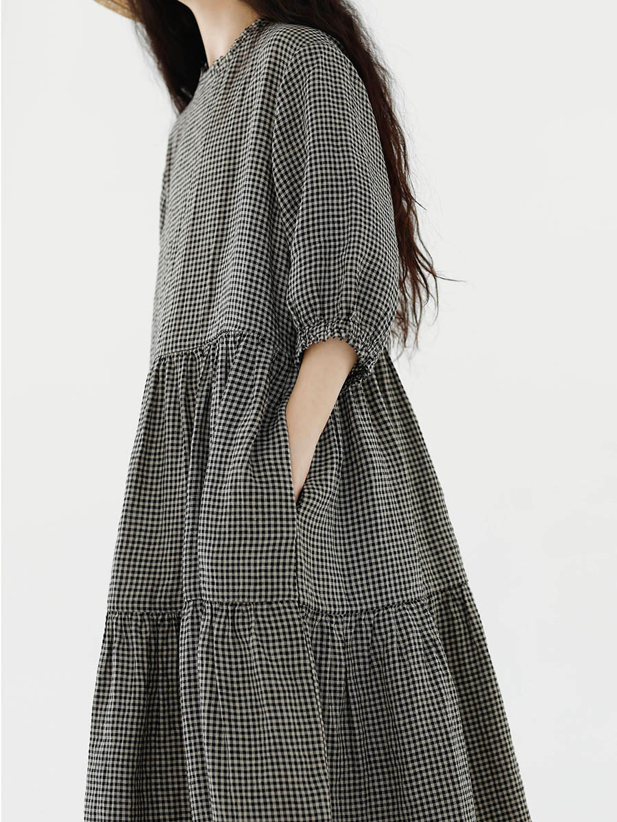 Plus Size Women Artsy Plaid Spliced 100%Cotton Tiered Dress SC1064 Ada Fashion