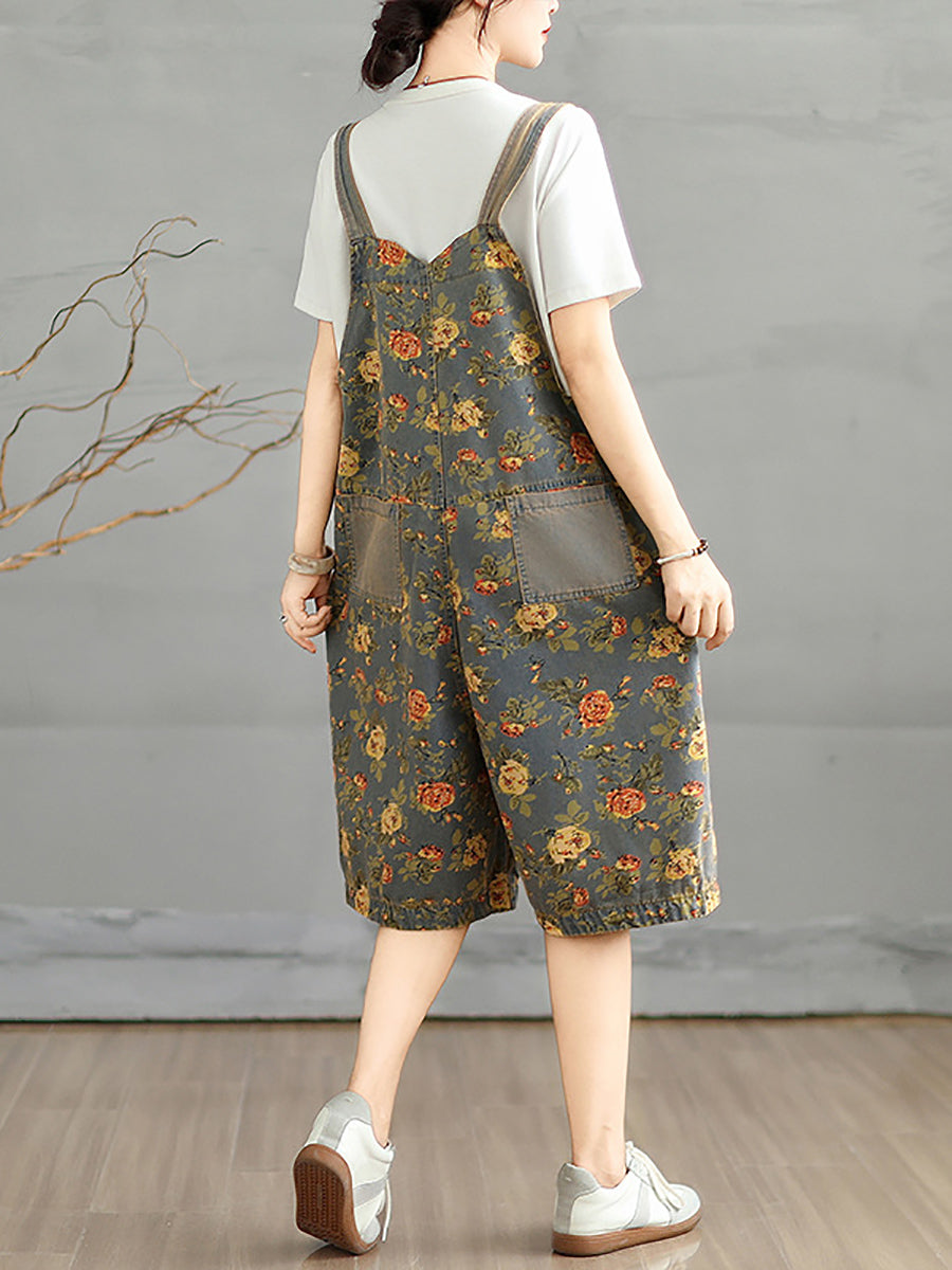 Denim Jumpsuits Short Artsy Women Flower Summer FashionChic