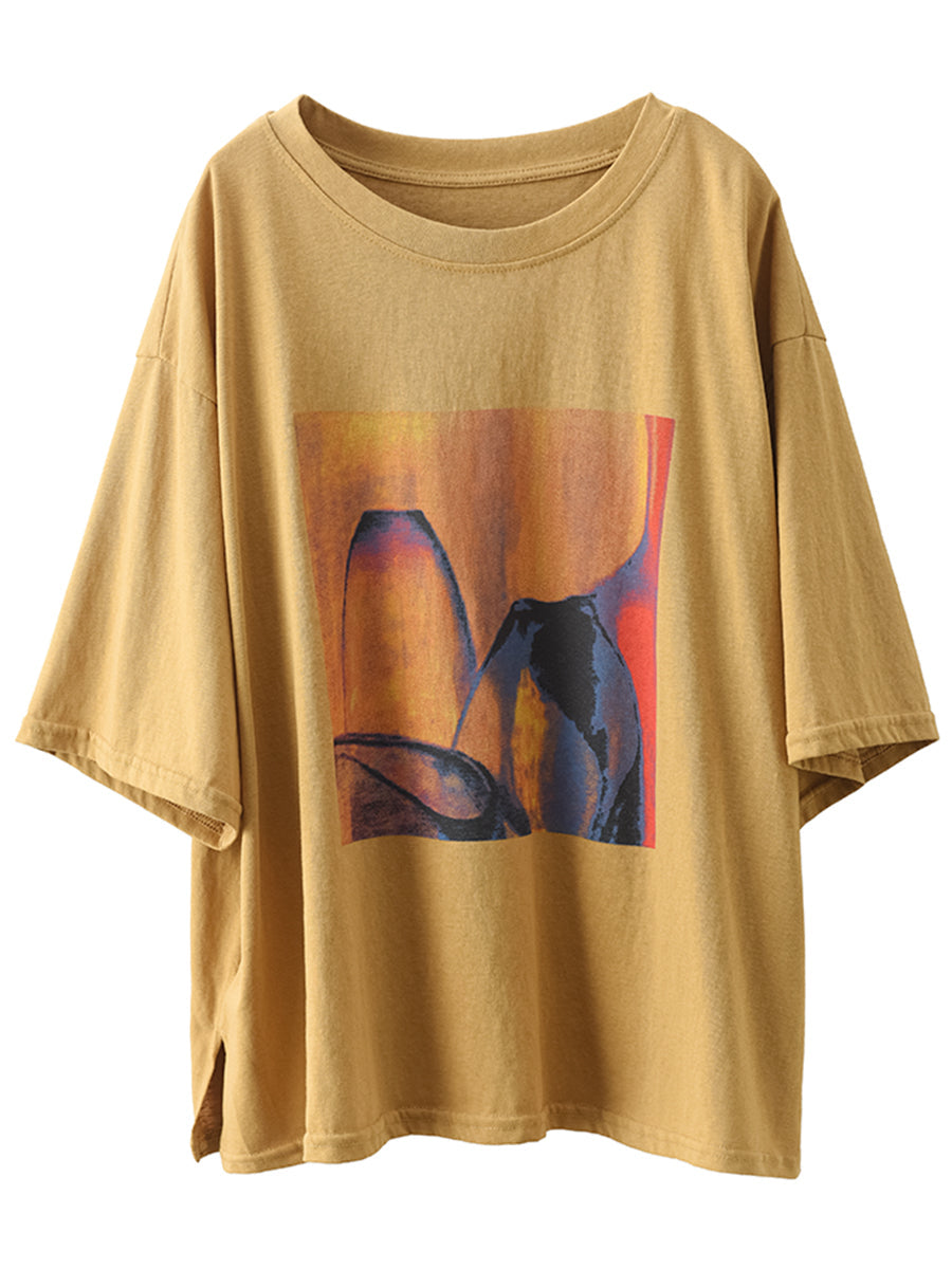 Women Summer Casual Print O-Neck Loose Shirt HH042 LPP