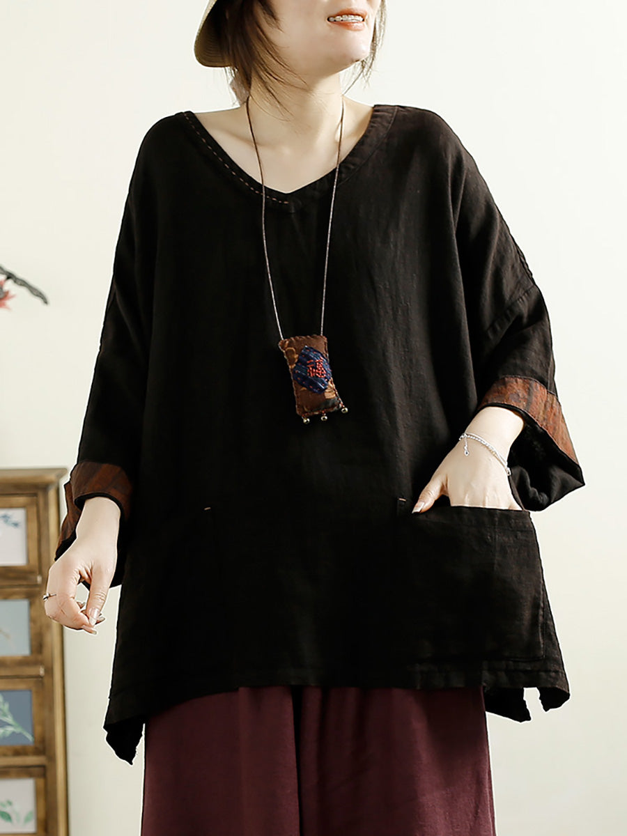 Plus Size Women Vintage Solid V-Neck 100%Linen Blouse AK1006 Genistyle Shop