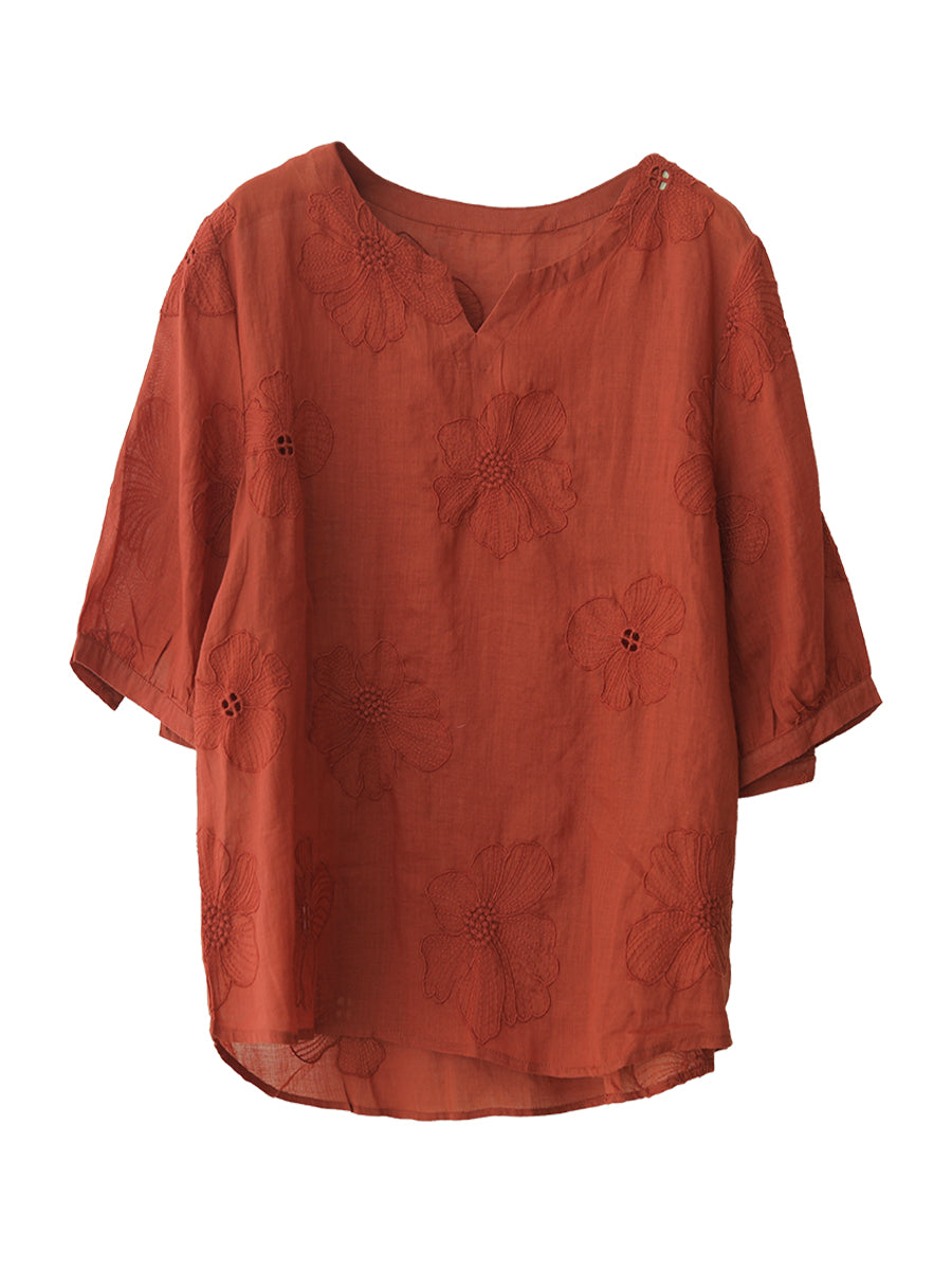 Women Summer Artsy Flower Embroidery Ramie Shirt TY1036 Ada Fashion