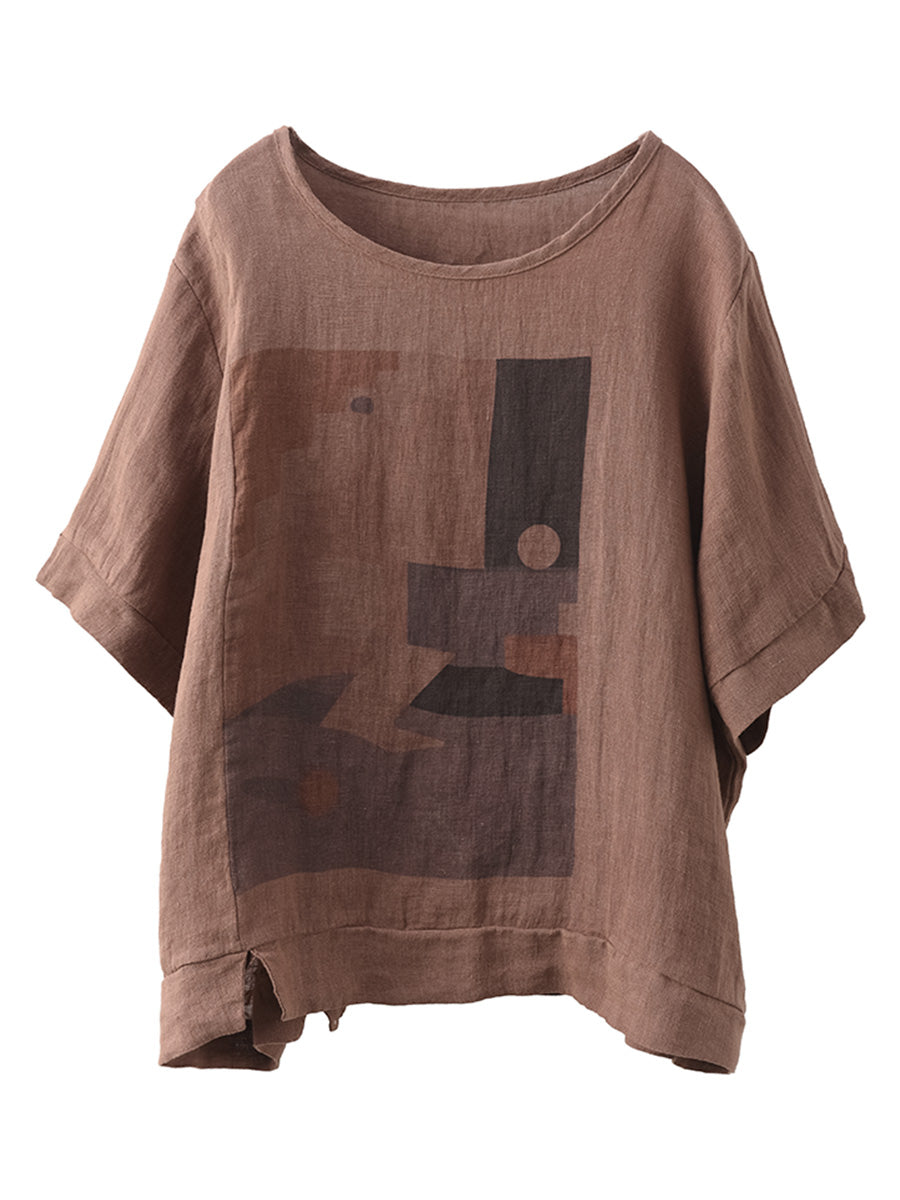 Women Casual Summer Print O-Neck Linen Shirt WE1028 Ada Fashion
