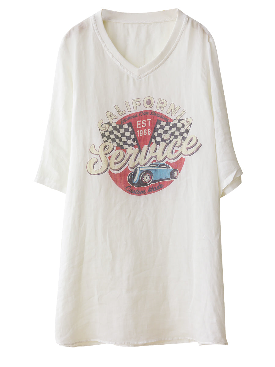 Women Summer Casual Print V-Neck Ramie Long Shirt LL022 LPP