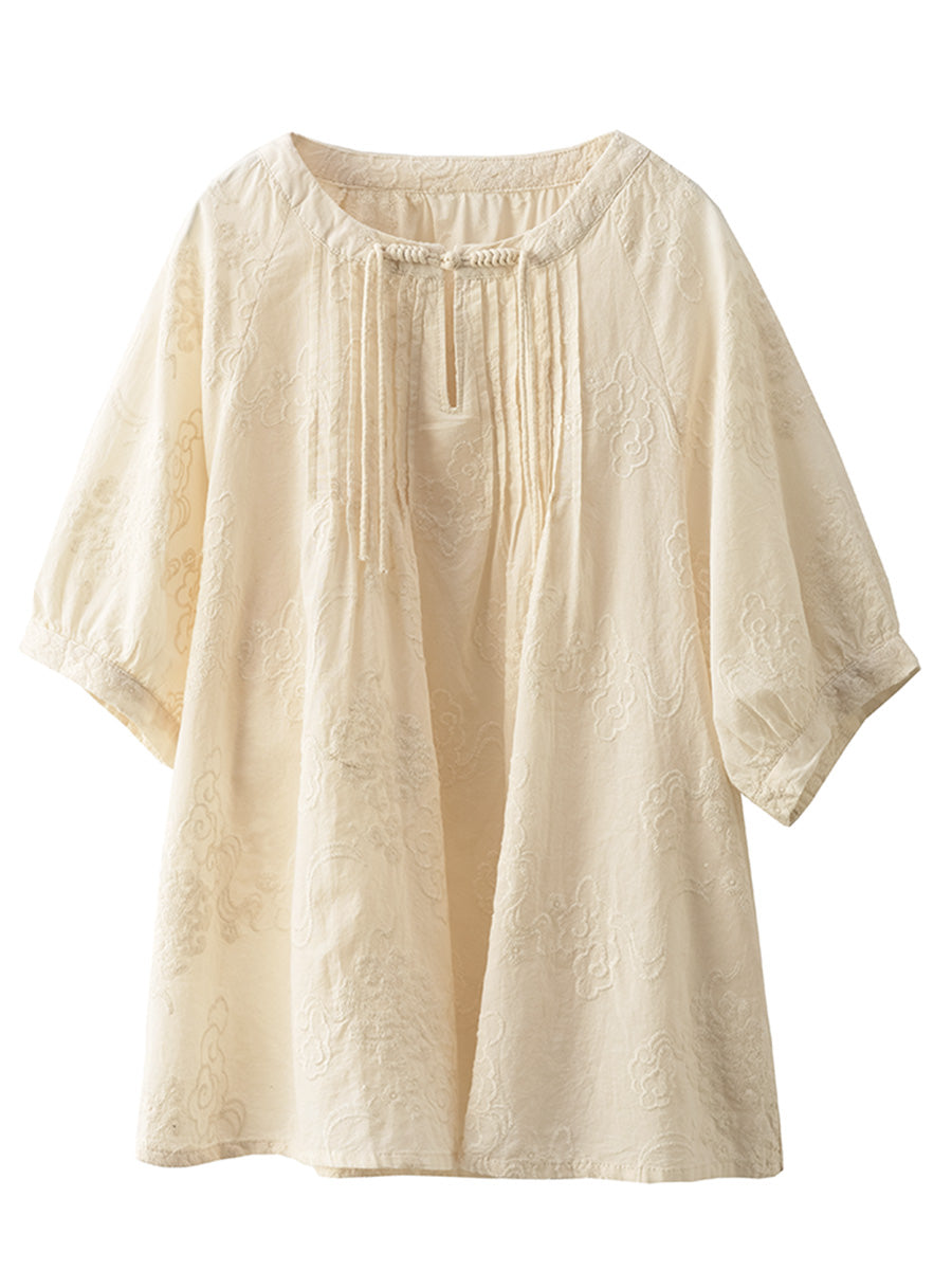 Women Artsy Solid Jacquard Shirred Cotton Loose Shirt XX1018 Ada Fashion