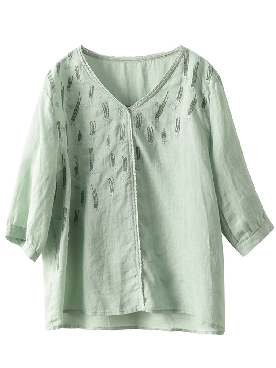 Women Summer Artsy Embroidery V-Neck Ramie Shirt FD005 ZMMM