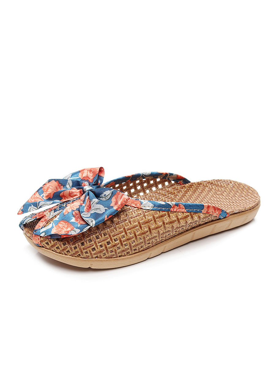 Bowknot Ethnic Weave Women Indoor Slippers Straw Flower FashionChic
