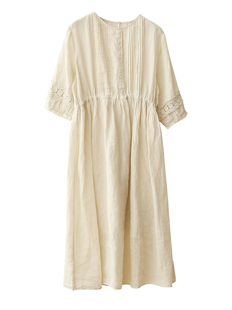 Women Summer Artsy Shirred O-Neck Lacework Ramie Dress CX030 YQMM