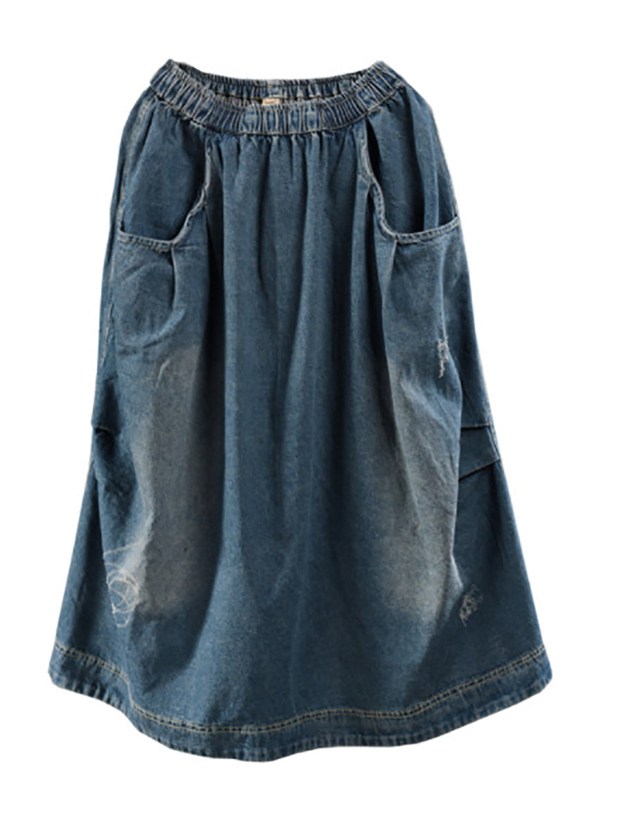 Women Retro Fade Pocket Elastic Waist Denim Skirt AI1012 ZMMM