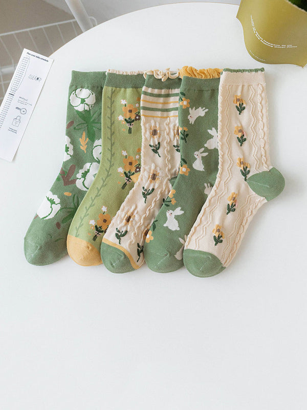 5 Pairs Women Artsy Flower Green Mid-Calf Socks IO1011 Ada Fashion