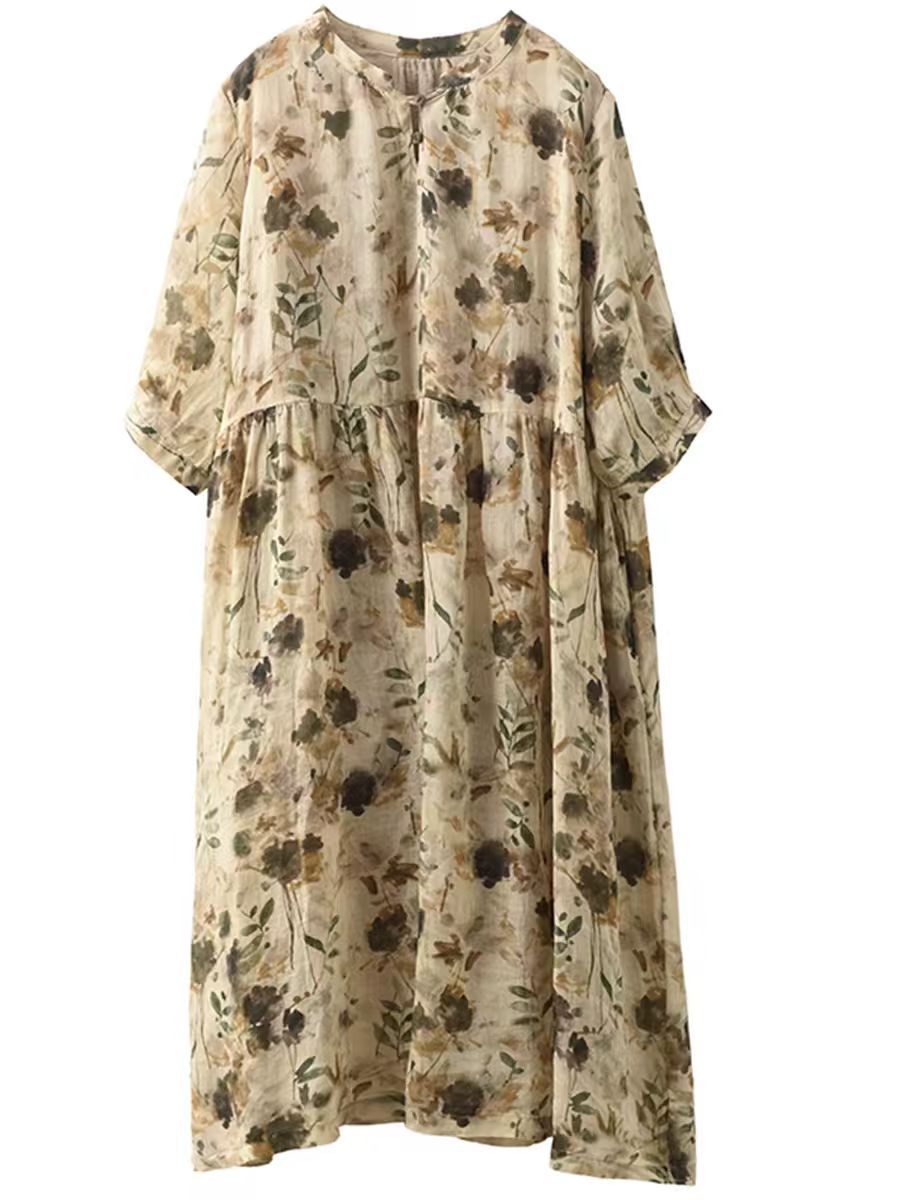 Women Summer Artsy Floral V-Neck Loose Ramie Dress LL020 ZMMM