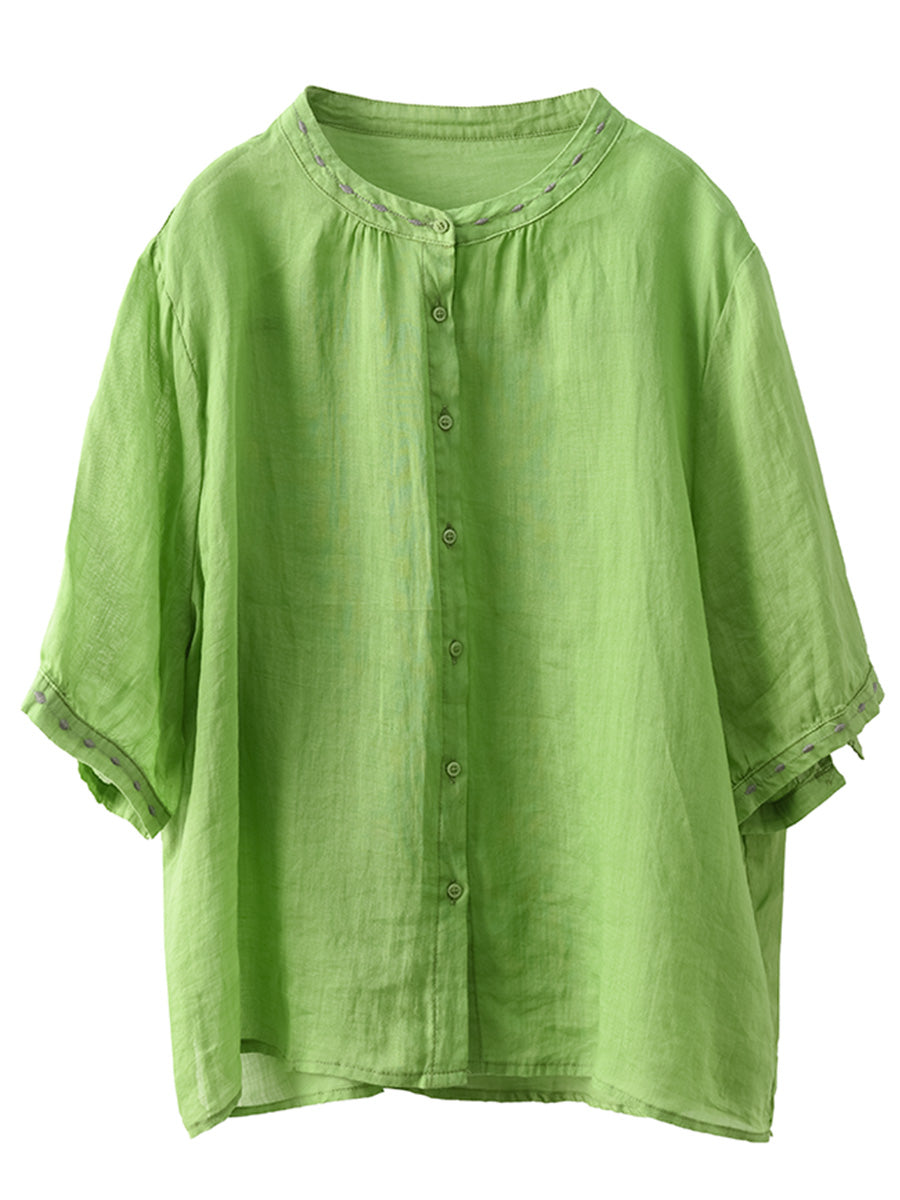 Women Summer O-Neck Embroidery Button-up Ramie Shirt PP1035 BUYKUD