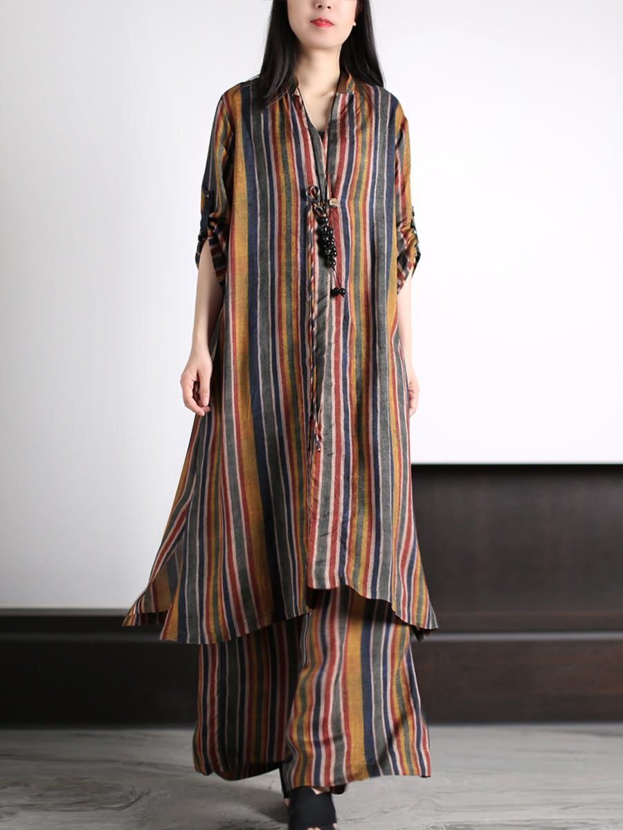 Plus Size Women Vintage Stripe Loose Long Shirt+Pants XX1029 Ada Fashion
