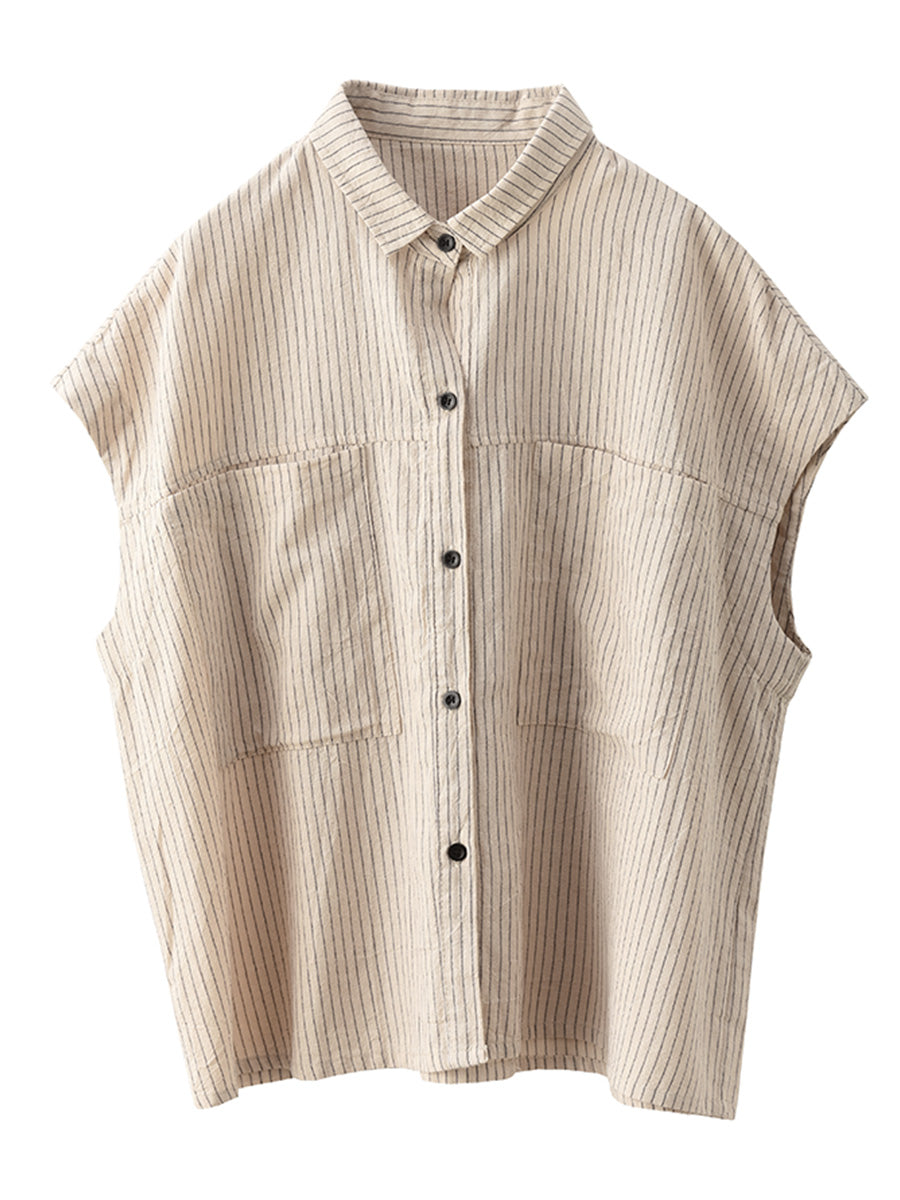 Women Artsy Summer Stripe Linen Button-up Shirt SC1046 Ada Fashion