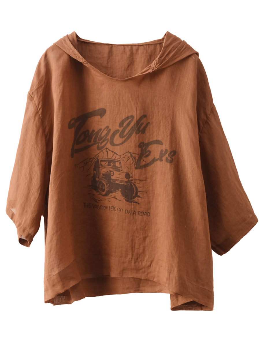 Women Summer Casual Print Thin Ramie HoodedShirt LL038 BUYKUD