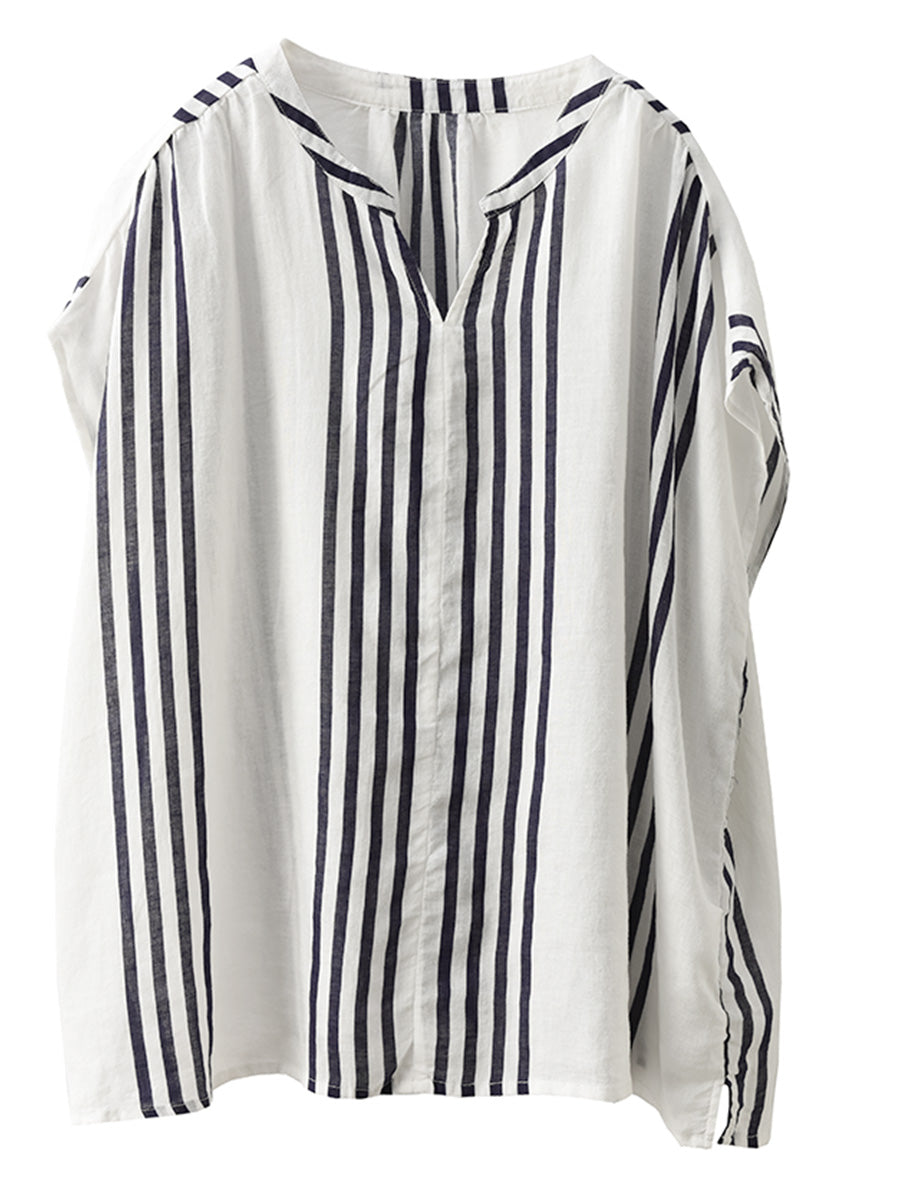 Women Summer Artsy Stripe V-Neck Thin Linen Shirt CV1053 Ada Fashion