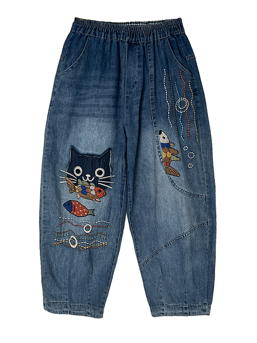 Women Autumn Casual Cat Patch Spliced Denim Harem Pants AV1004 Genistyle Shop
