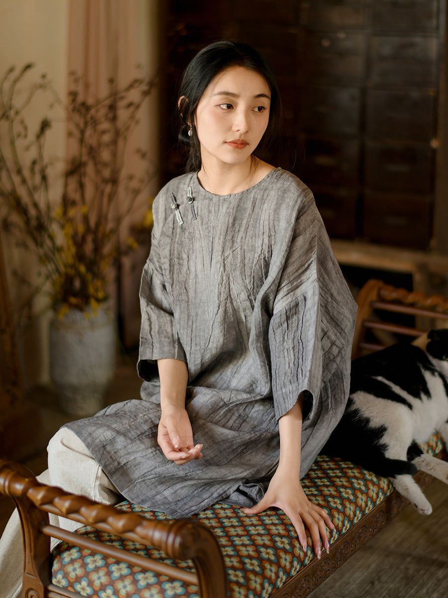 Women Summer Vintage Solid Loose Linen Short Dress II1008 BUYKUD