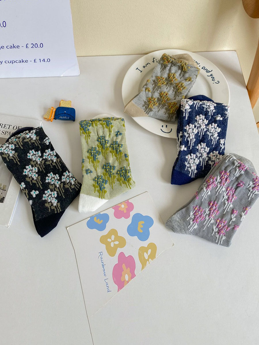 5 Pairs Women Autumn Floral Jacquard Colorblock Socks AV1025 Genistyle Shop